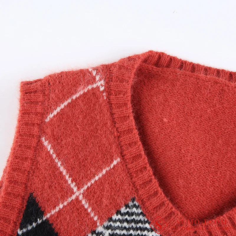 

Women Streetwear Preppy Style Knitwear Tank Top Sweet V Neck Sleeveless Plaid Geometric Patterns Knitted Outwear Sweater Vest