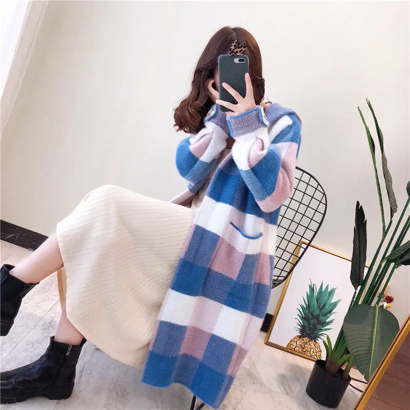 pink hooded Новинка, клетчатый норковый кашемировый свитер, вязаный кардиган, женский осенний и зимний толстый шерстяной свитер, длинное корейское Свободное пальто f2127 - Цвет: pink hooded