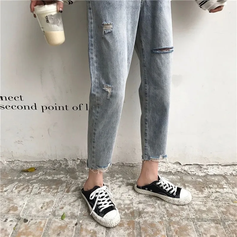 

Women Jeans Straight Trousers Hole Ripped All-match Womens Fur-lined High Waist Casual Loose Fashion Harajuku Ankle-length Chic