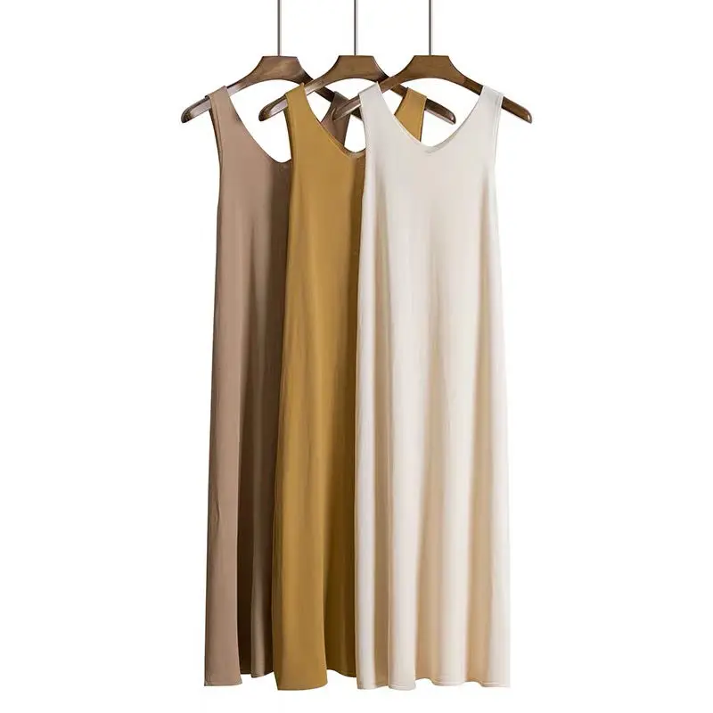 

2021 summer new knitted ice silk dress female A-neck V-neck loose sling long skirt slim bottoming vest skirt