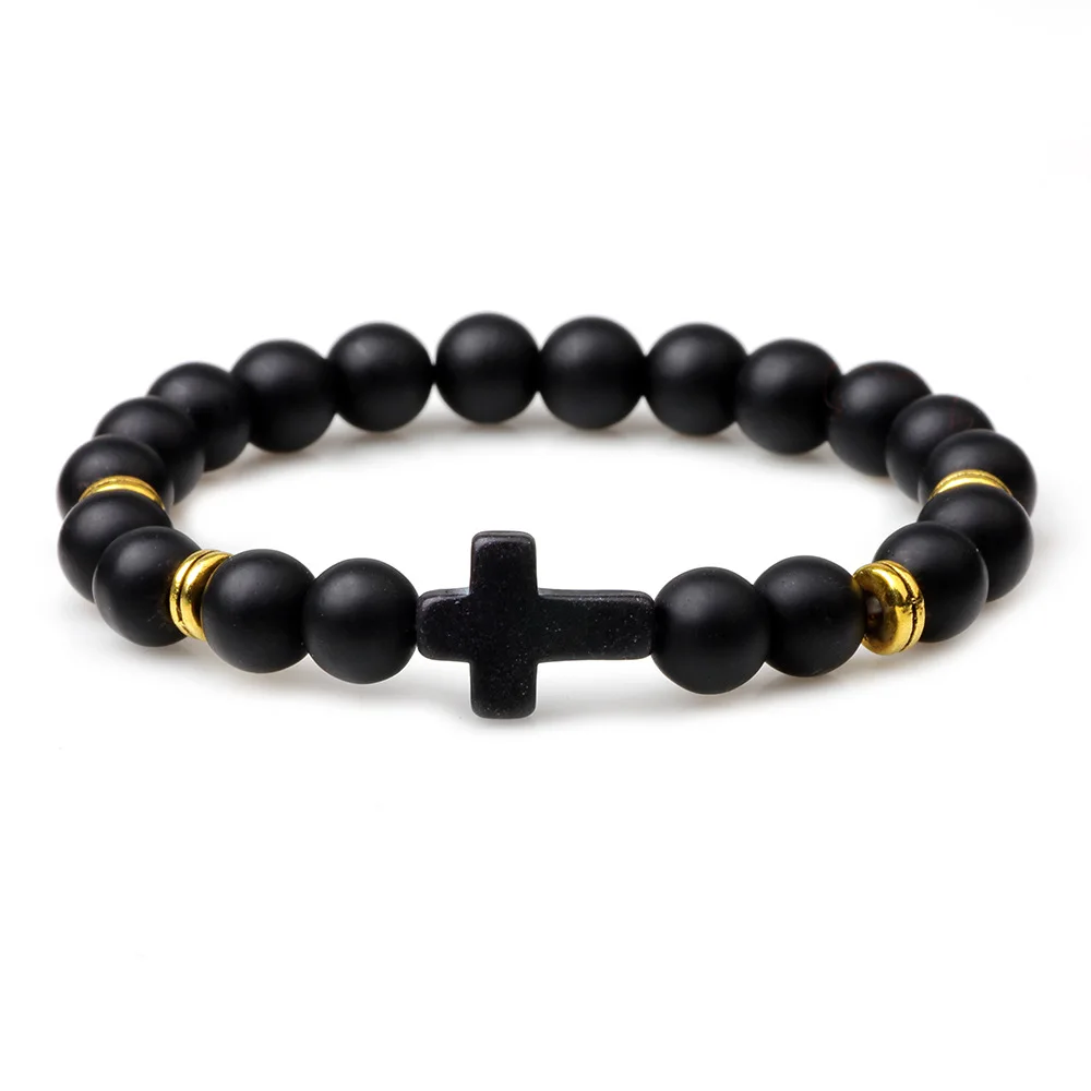 

Volcanic Stone Frosted Stone Turquoise Cross Yoga Men's and Women's Bracelets Religious Male Female Cuffs Bangle Jewelry