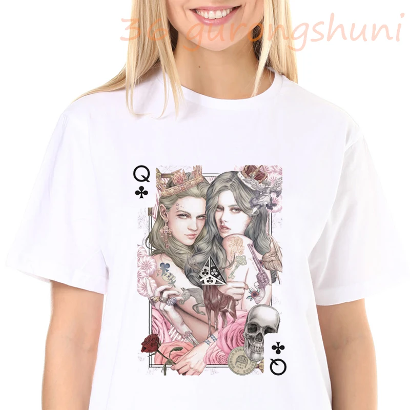 

2021 playing cards Q print T shirt Women aesthetics Thin Section Poker club Q Tshirt vintage White Short Sleeve female Tops tees