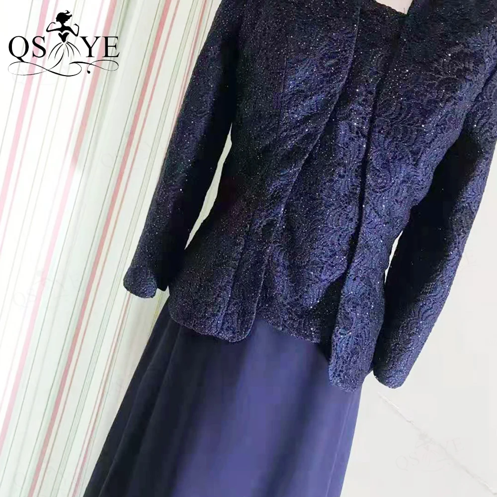 

Navy Lace Mother of the Bride Dresses Jacket Mother Evening Dress Long Sleeves Chiffon Appliques Mom Prom Dress Bolero Vestido