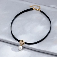 fashion girl gothic style black pu leather rope womens neck chain choker rope necklaces rose flower pearl pendant goth jewelry
