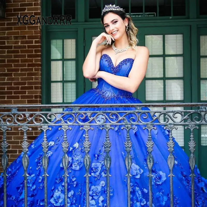 Vestidos de XV años Royal Blue Quinceanera Dresses with 3D Flowers Applique Corset Top Beaded Ball Gown Sweet 16 Dress Plus Size | Свадьбы и