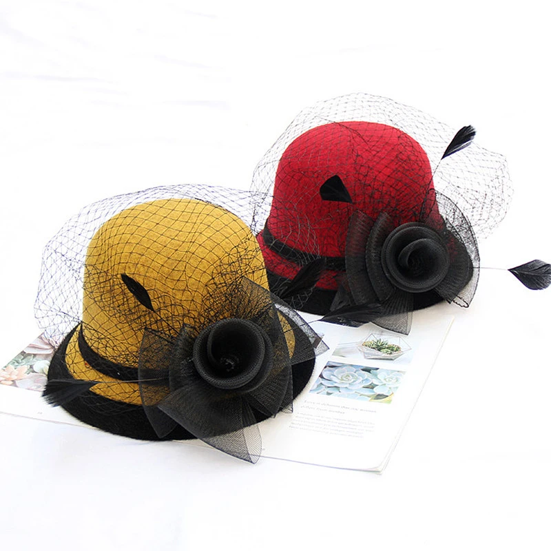 

Новинка 2020, Женская осенне-зимняя шерстяная шапка K93, сетчатые шапки с перьями, шляпа от солнца в стиле ретро с цветами, женская элегантная универсальная модная шапка