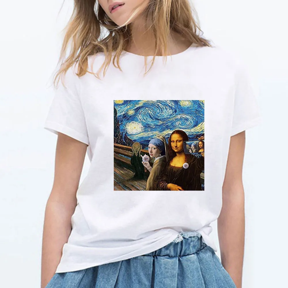 Футболка женская с принтом Моны Лизы уличная одежда изображением Ван Гога в