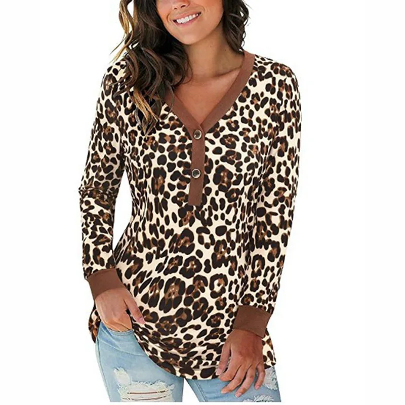 

Button Leopard Long Sleeve T-Shirt for Women 90s Vintage V-Neck Tunic Female 2021 Autumn New Casual Womens Clothing Top Tee