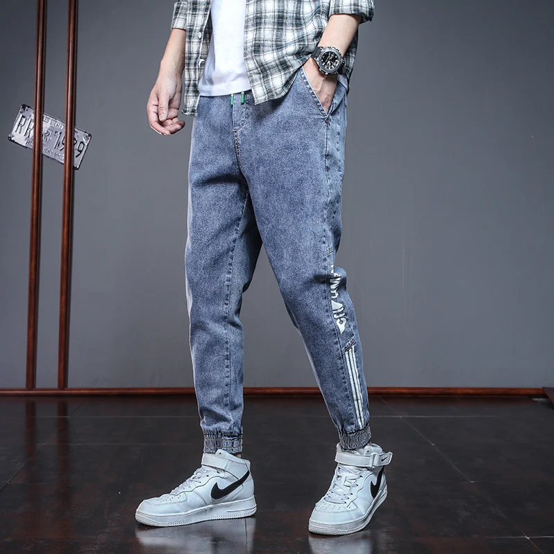 

Men's baggy jeans 2021 spring autumn new men's fashion high-quality pure cotton casual Harlan elastic tie-up jeans pants S-5XL