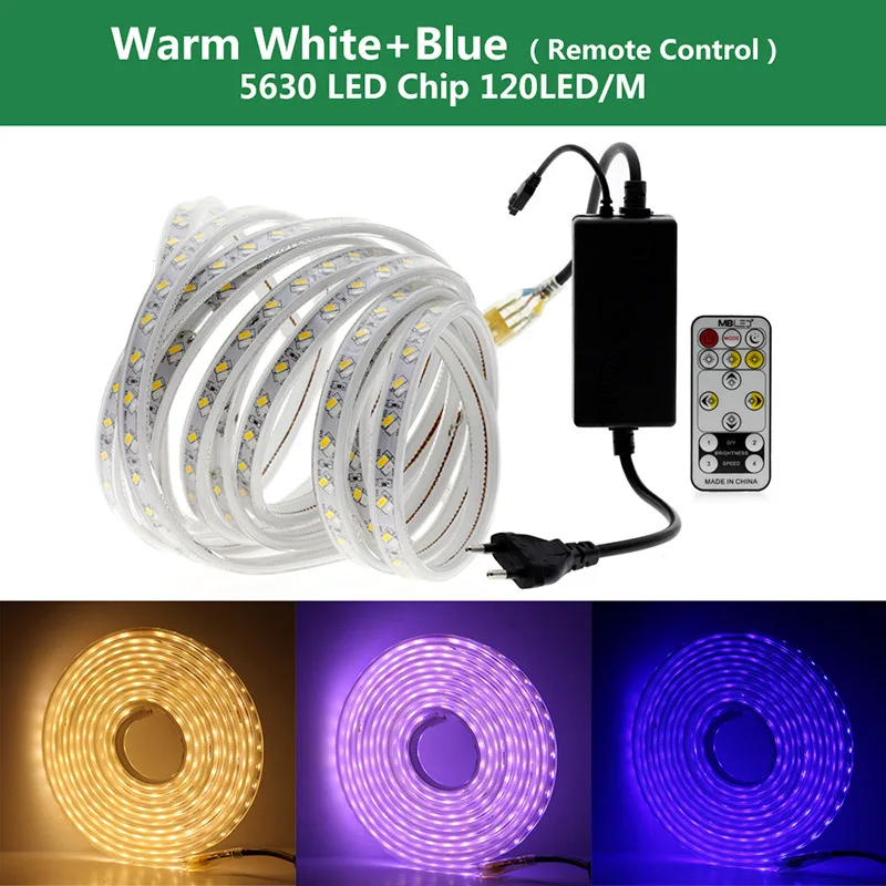 AC220V RGB СВЕТОДИОДНАЯ лента SMD 5050 2835 60 светодиодный s/M 5630 120 светодиодный s/M водонепроницаемый RGB гибкий светодиодный светильник лента для наружного внутреннего украшения - Испускаемый цвет: 5630 Warm White Blue