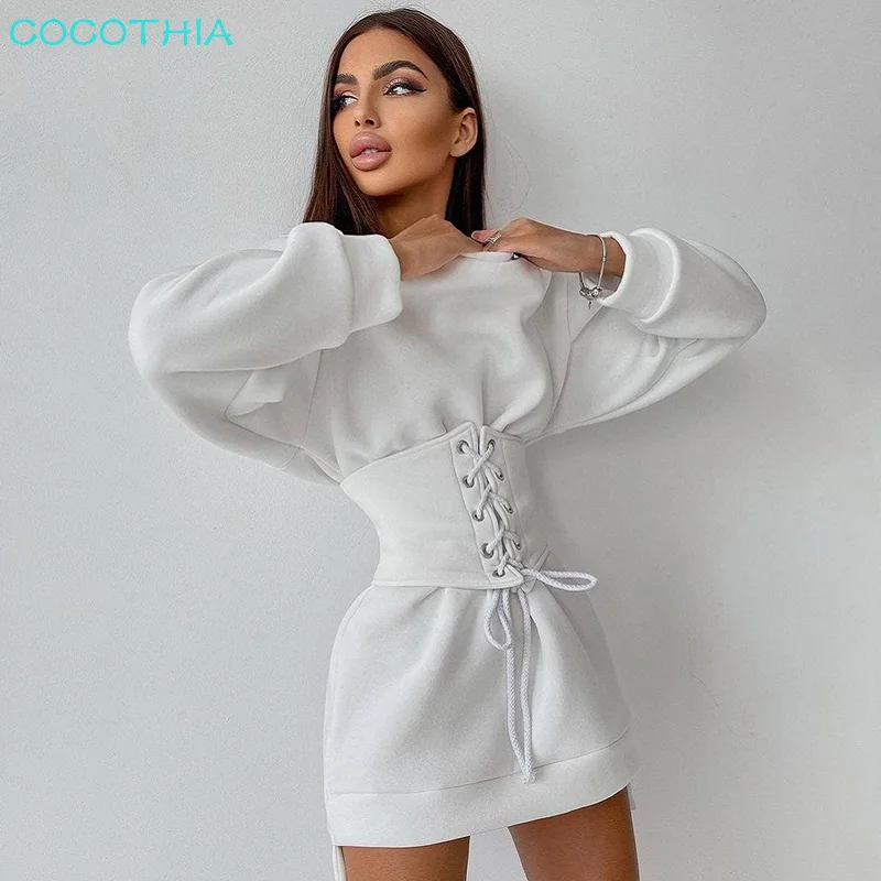 

COCOTHIA O Neck Waist Tight Corset Bandage Mini Dress Pullover Long Sleeve Female Autumn Fashion Elegant Sweatshirt New Vestidos