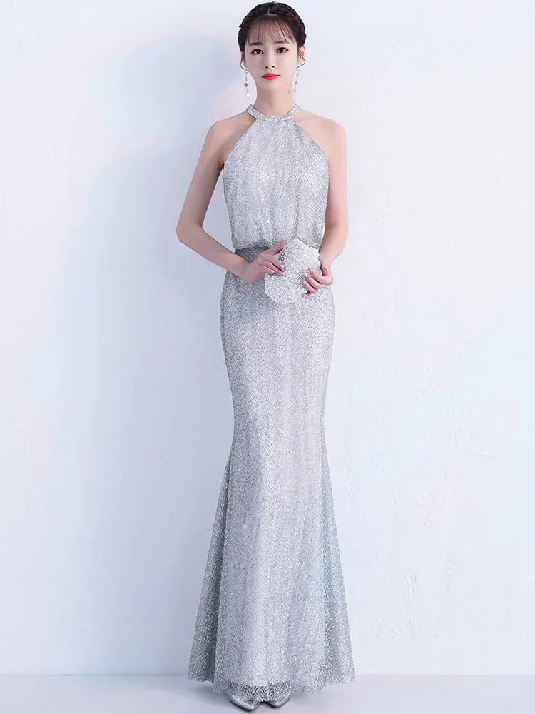 Female Silver Elegant Banquet Gown Exquisite Appliques Embroidery Trim Temperament Formal Party Dresses Sexy Slim Mermaid Dress |