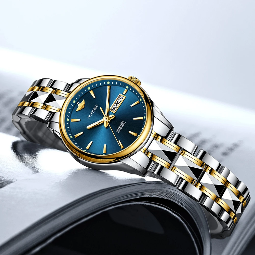 

Women's automatic mechanical wristwatch with double calendar tungsten steel watchband fashion waterproof luminous female clock