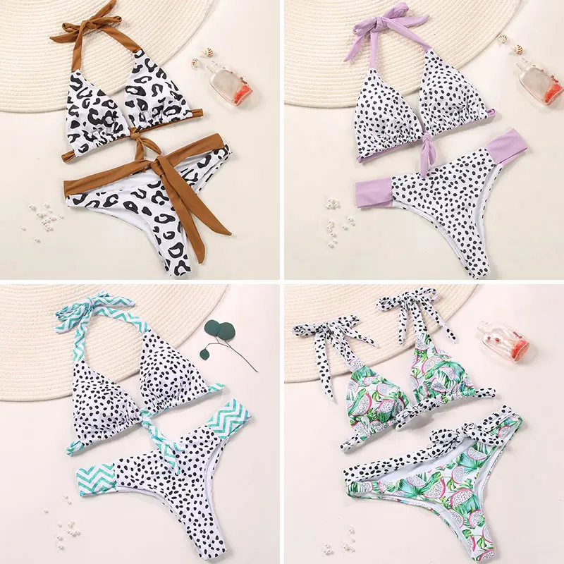 

Miyouj Deep V Neck Bikini Floral Print Swimsuit Biquinis Feminino NEW Bow Swimwear Lace Up Bikini Set Bathing Suit Women Bikins