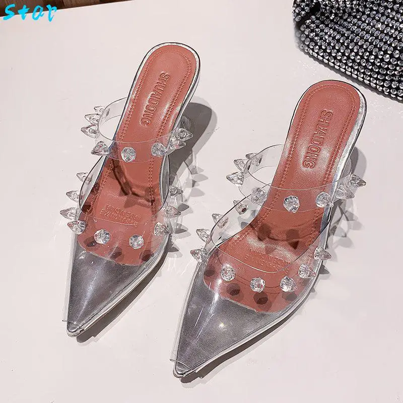 Summer Ladies High Heels Sexy Crystal Women's Sandals And Slippers Pointed Transparent Stiletto Shoes Wedding Party Shoes