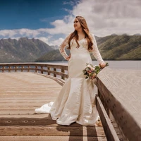latest elegant mermaid long sleeve lace bridal wedding dresses v neckline buttons back wedding gowns for bride court train 2021