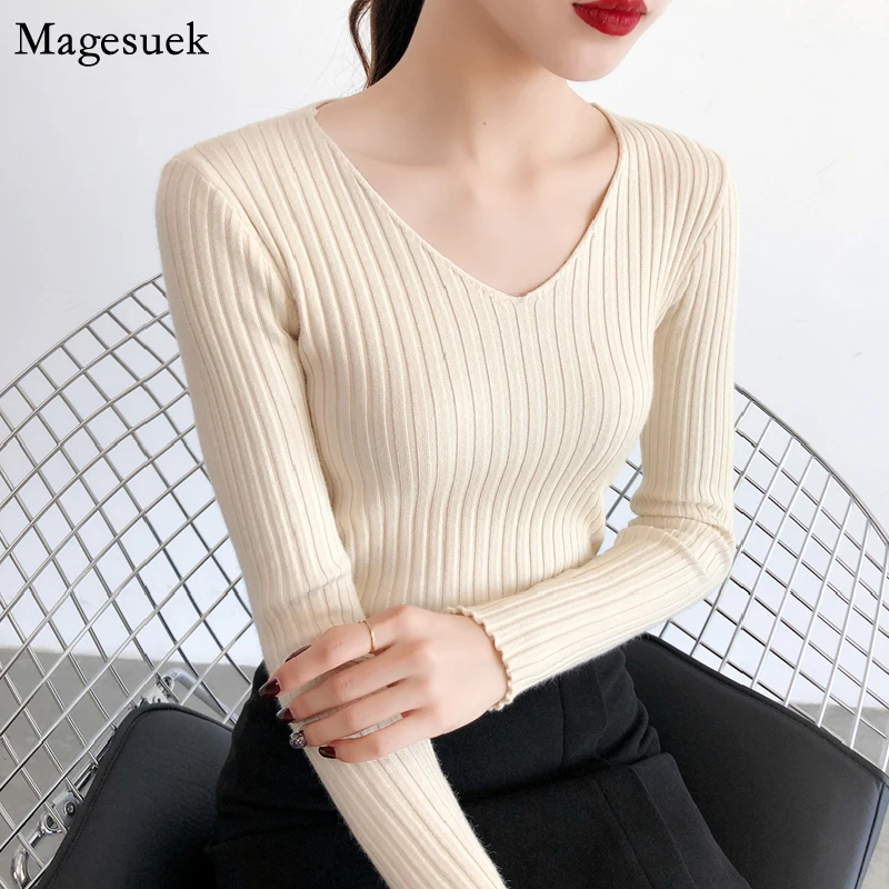 

Long Sleeve Knitted Sweater Women Autumn and Winter 2021 V Neck Woman Sweater Pullover Vintage Slim Jumper Casual Sweaters 16251