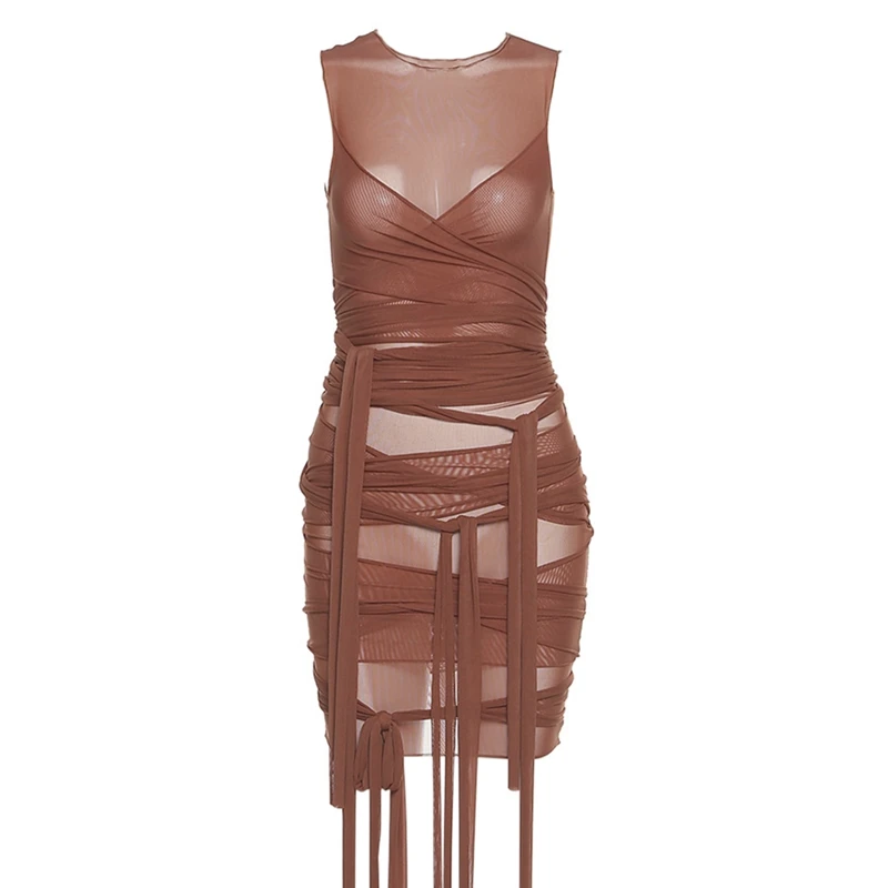 

Muyogrt Ribbons Mesh See Through Bodycon Party Dresses Women Sexy Clubwear Mini Dress Solid Sleeveless Basic Female Outfits