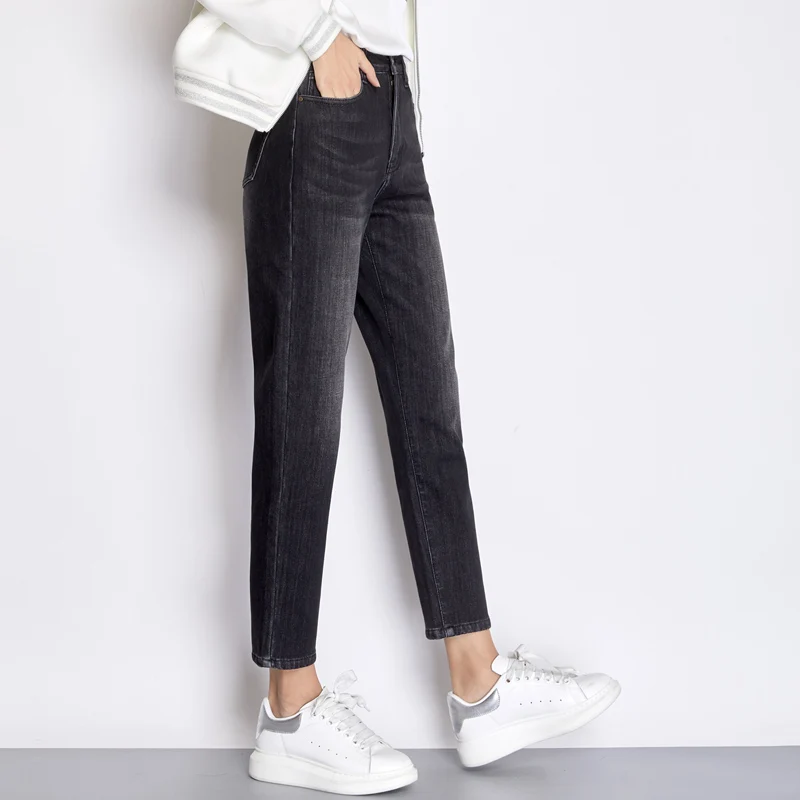LEIJIJEANS 2019 winter large size women's low elastic high waist loose tapered trousers dark gray white and velvet warm jeans |