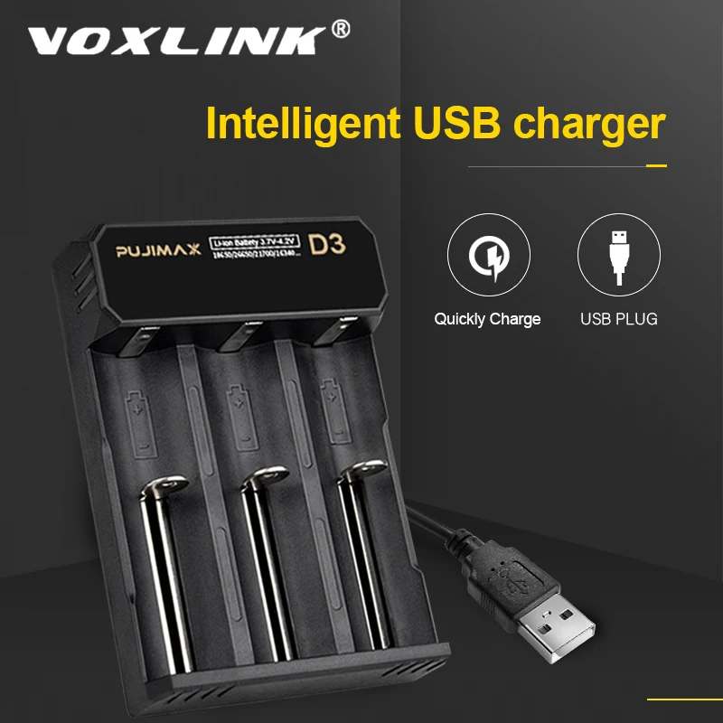 Зарядное устройство VOXLINK 18650 с 3 слотами USB кабель для быстрой зарядки 26650 21700 14500 26500