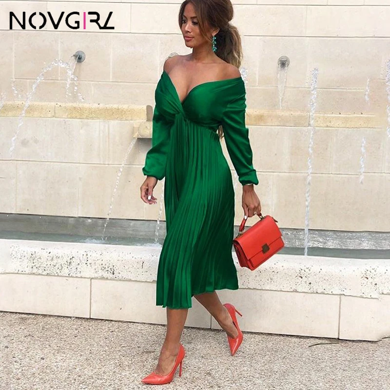 Novgirl Плиссированное длинное платье с открытыми плечами для женщин 2019 осень