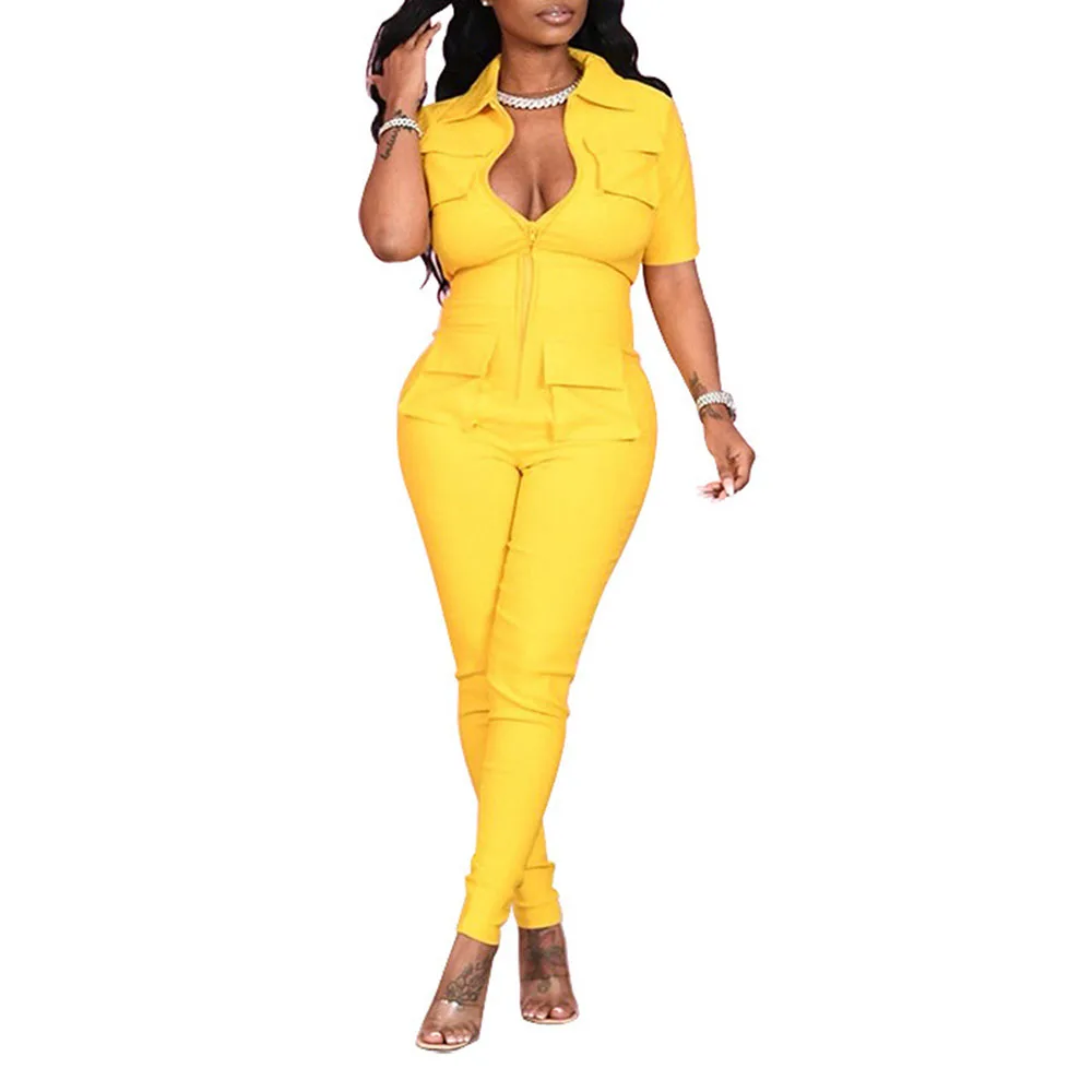 

2021 Summer New Fashion Women Oversize Solid Color Jumpsuit Lapel Zipper Casual African Western Style High Waist Summer