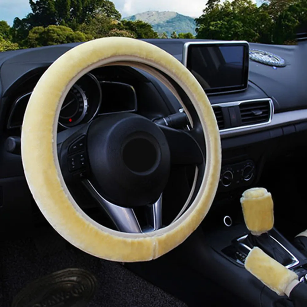 

Fur Steering Wheel Cover Set 3Pcs Auto Fluffy Kit Protection Universal