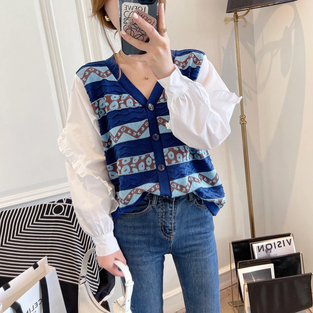 

Осенний вязаный кардиган с принтом в стиле преппи, свитер, женское свободное элегантное лоскутное повседневное пальто с V-образным вырезом ...