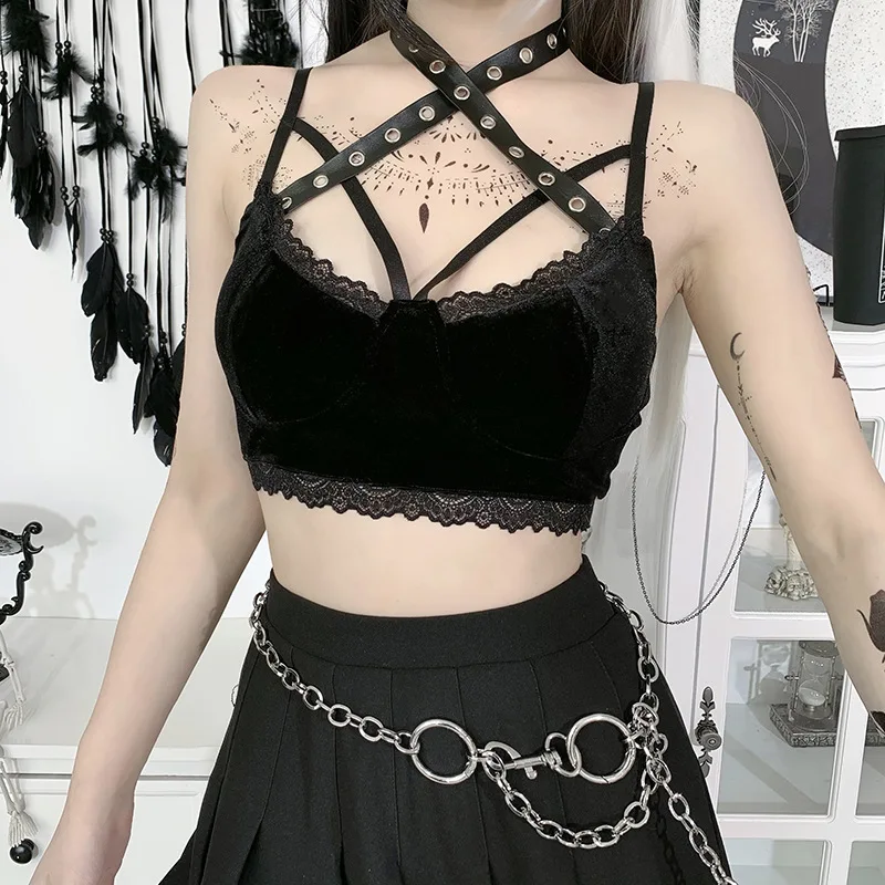 

Dark Girl Stitching Lace Cross Strap Wrapped Chest 2021 European and American Sexy Summer Vest Y2k Tops Crop Top Women Clothing