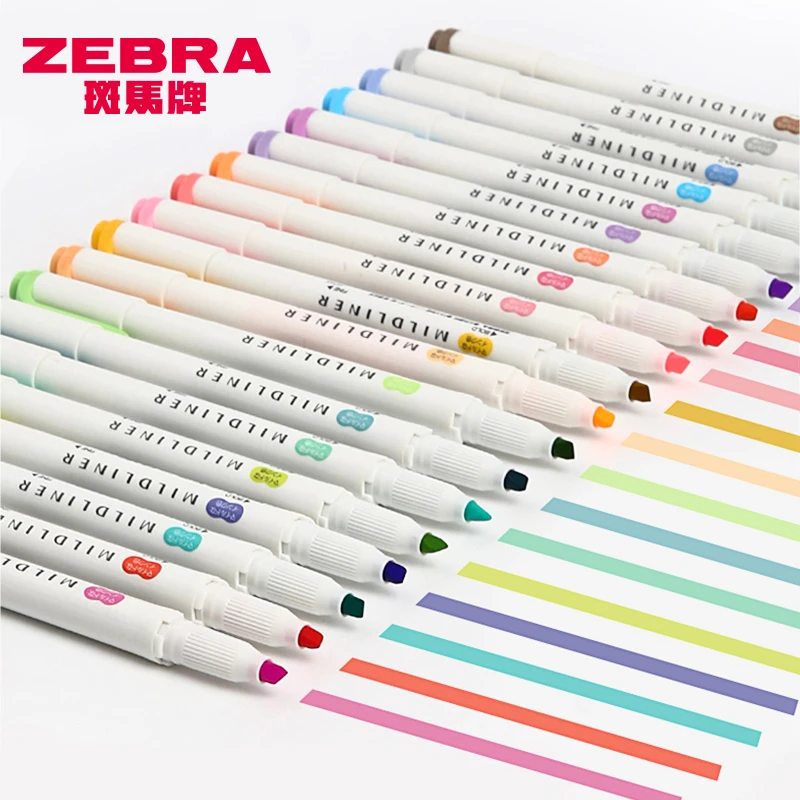 

2 pcs Zebra WKT7 MildLiner Highlighter Marker Fluorescent Pen Round Toe/Oblique Double-Sided School Office Supply Multi-color