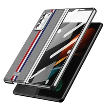 Leather+Tempered Glass Full Protection Hard Case For Samsung Galaxy Z Fold 2 Case Luxury Plating Edge Cover For Samsung Fold 2