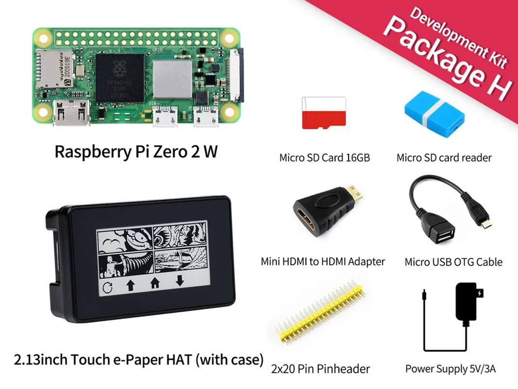 

Raspberry Pi Zero 2 Вт комплект с 2,5-дюймовым сенсорным дисплеем e-Ink модуля питания и HDMI адаптером