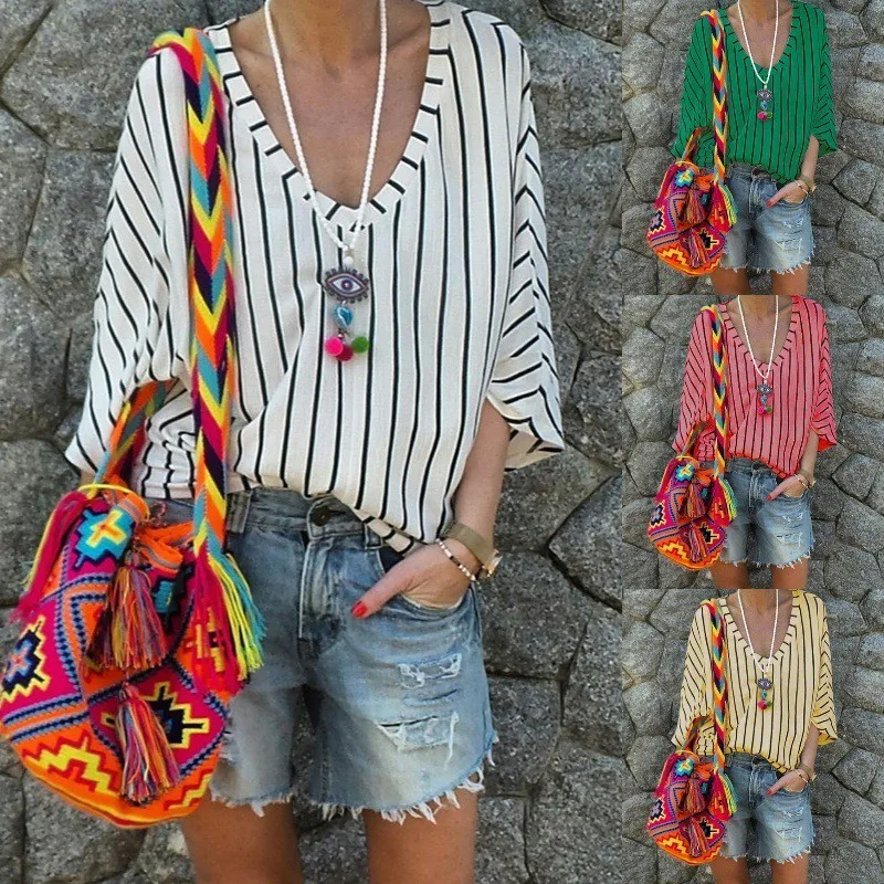 

Blouse For Women Autumn Long Sleeve V-Neck Irregular Stripe Shirt Casual Tops And Blouses femme camisas mujer women blouses