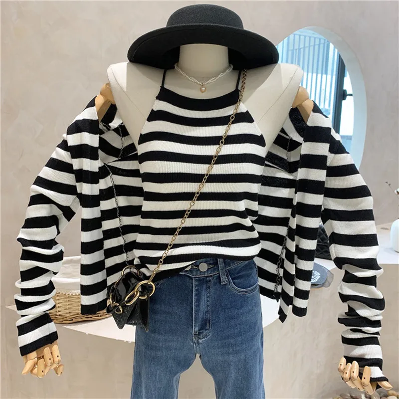 

New Women's Clothing Summer 2021 Fashion Striped small sling vest slim top long sleeve knitted cardigan coat
