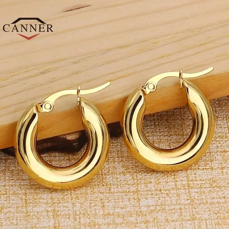 

CANNER Stainless Steel Smooth Ear Buckle Round Thick Hoops Earrings for Women Piercing Earings Gift Fashion Jewelry 20/25/30mm
