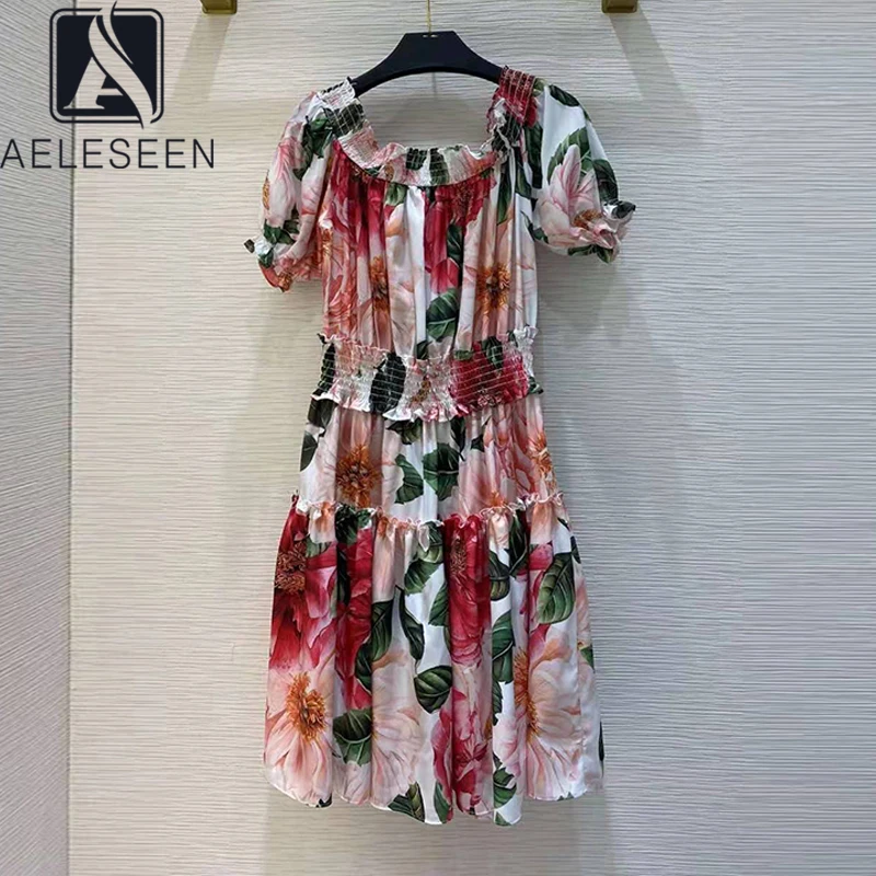 

AELESEEN Runway Fashion Summer Dress Desigenr Slash neck Ruffles Waist Elastic Red Flower Print Mini Holiday Beach Dress