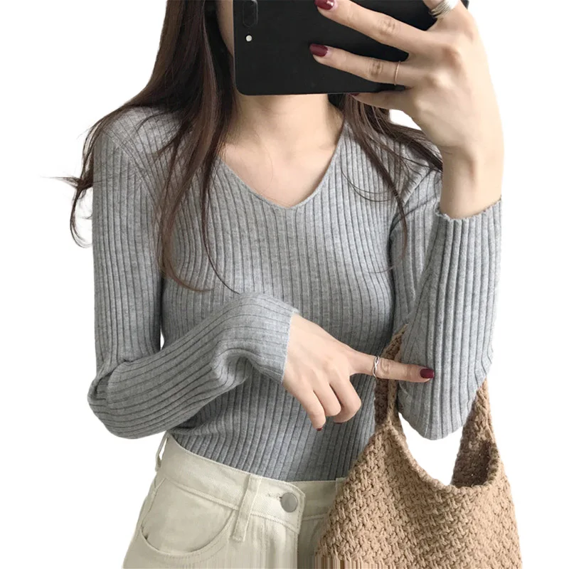 Базовый однотонный осенне-зимний свитер с V-образным вырезом пуловер в Корейском