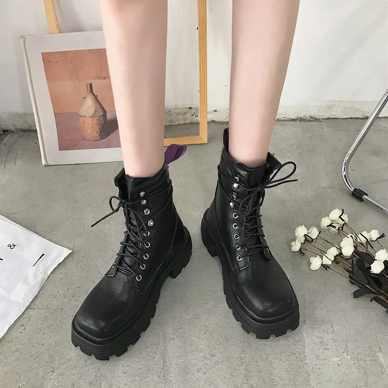 Lucyever Women Vintage Square Toe Platform Ankle Boots Thick Sole Autumn Winter Shoes Woman Gray PU Leather Military Botas Mujer | Обувь