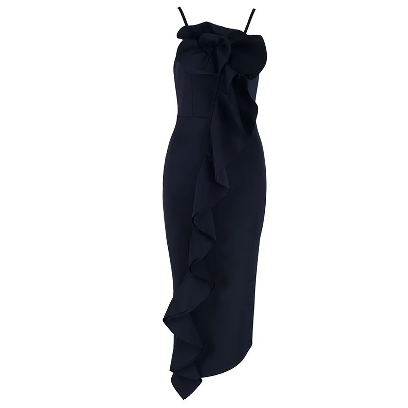 

High Quality Asymmetrical Ruffles Sleeveless Women Dresses Knee Length High Waist Spaghetti Strap Strapless Slim Fit Wrap Dress