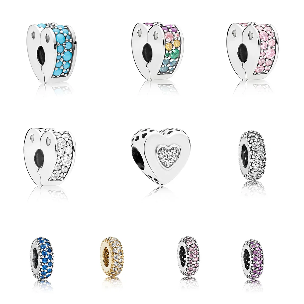 

925 Sterling Silver Bead Charm Heart Crystal Clear White Pink Cz For Women Diy Pandora Charm Bracelet Necklace