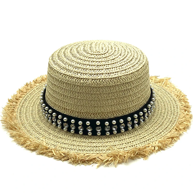 

2020 summer Flat sun hats for women chapeau feminino straw hat panama style cappelli Side with pearl Beach bucket cap girl topee