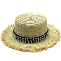 2020 summer flat sun hats for women chapeau feminino straw hat panama style cappelli side with pearl beach bucket cap girl topee