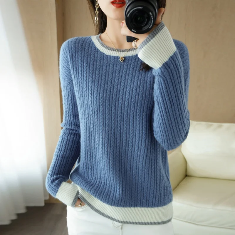 

New cashmere sweater women fall/winter 2021 round neck pullover sweater loose stitching white knitted base sweater