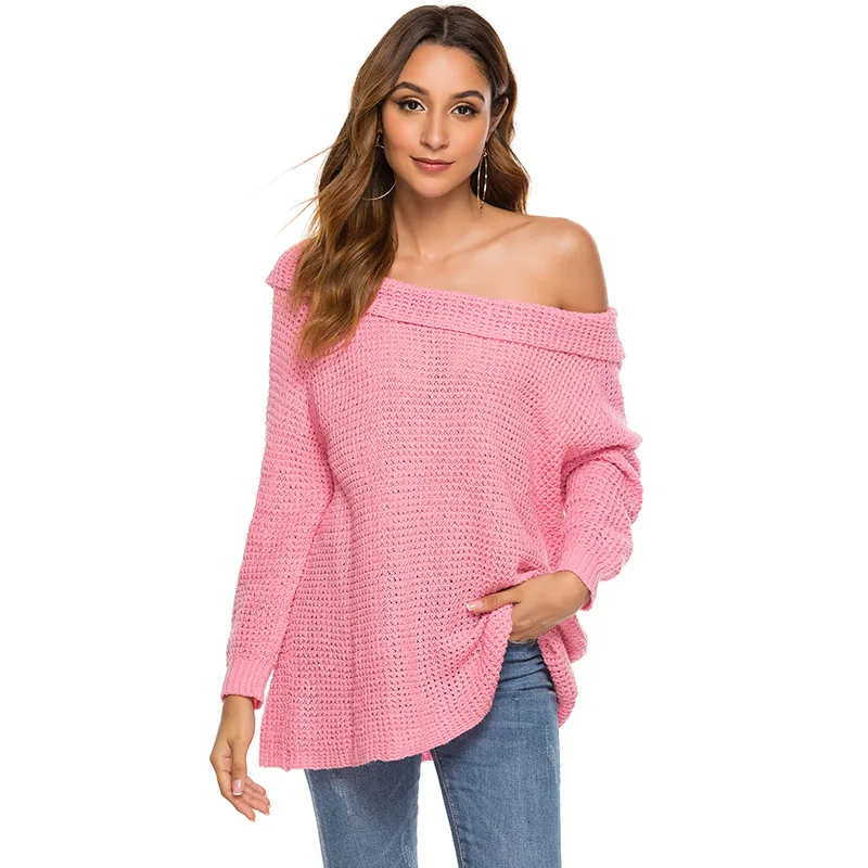 

Женский вязаный джемпер с открытыми плечами и длинным рукавом, пуловер большого размера, мешковатый Однотонный свитер