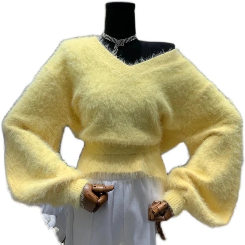 

Mohair Sweater Irregular Oblique Off Shoulder V-neck Lantern Sleeve Slim Stretch Winter Sweater Shirt Girls Yellow Knit Pullover