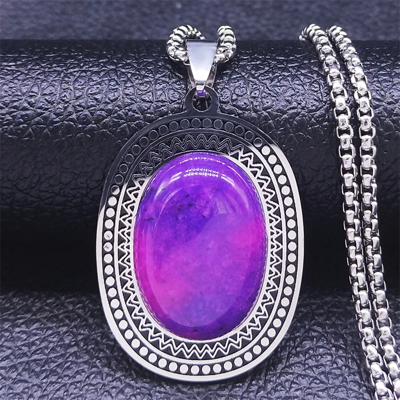 

Stainless Steel Pink Natural Stone Statement Necklace Men/Women Oval Necklaces Chain Jewery joyeria acero inoxidable N3608S04