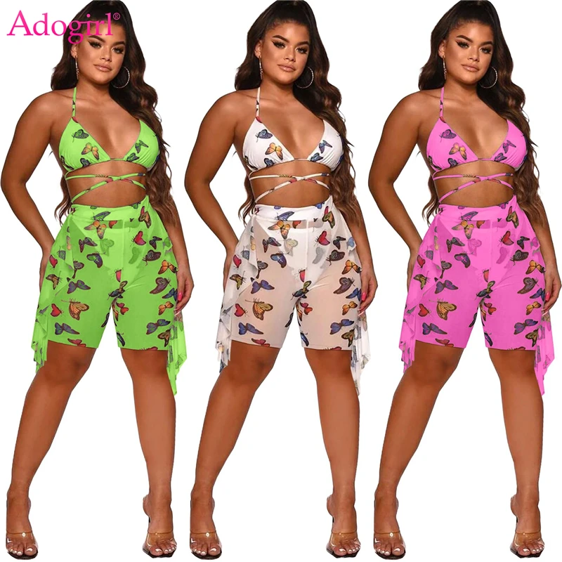 

Adogirl Butterfly Print Sheer Mesh Beach Two Piece Set Women Swimwear Suit Lace Up Halter Bra Top Ruffle Shorts with Panties
