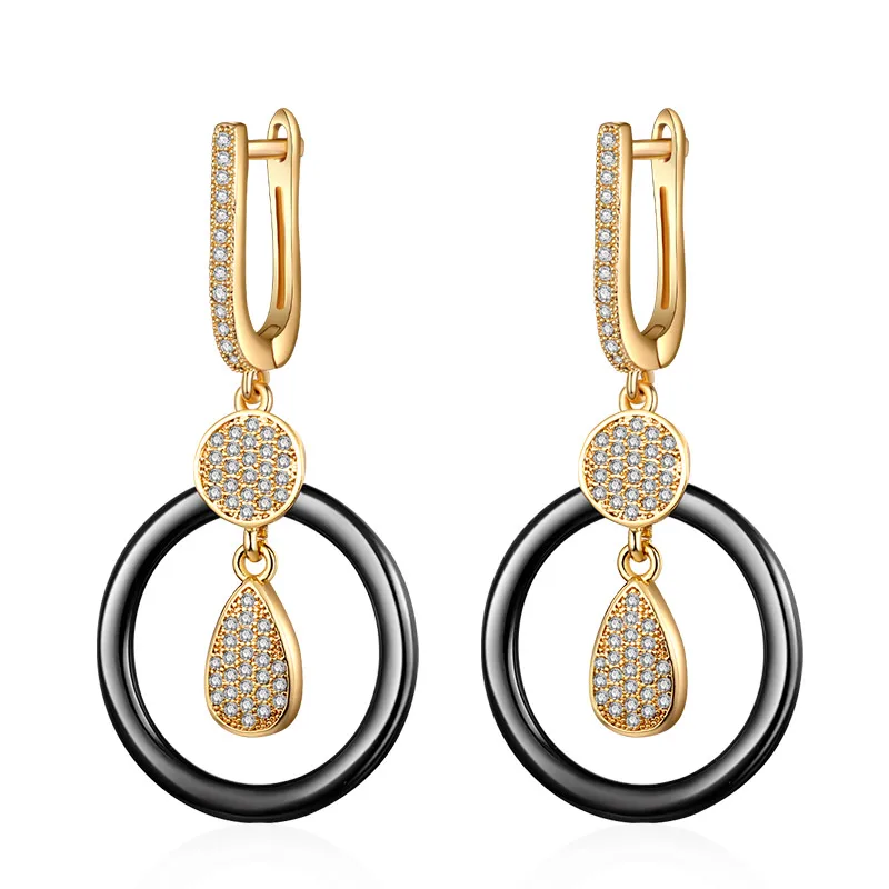 gold black MAIKALE Модная медная висячие серьги круглый керамический кубический цирконий подвеска в форме капли с покрытием золото; серебро; Сережки для женщин подарок - Окраска металла: gold black