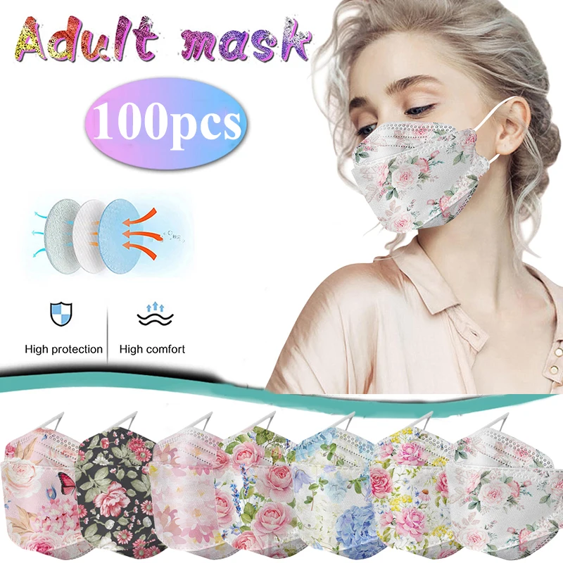 

100PCS Fish Kf94 Mask Adult Flower 3D Printed Mascarillas Filter Dust Face Masks Virus Protection KN95 Women Mouth Mask FFP2 N95