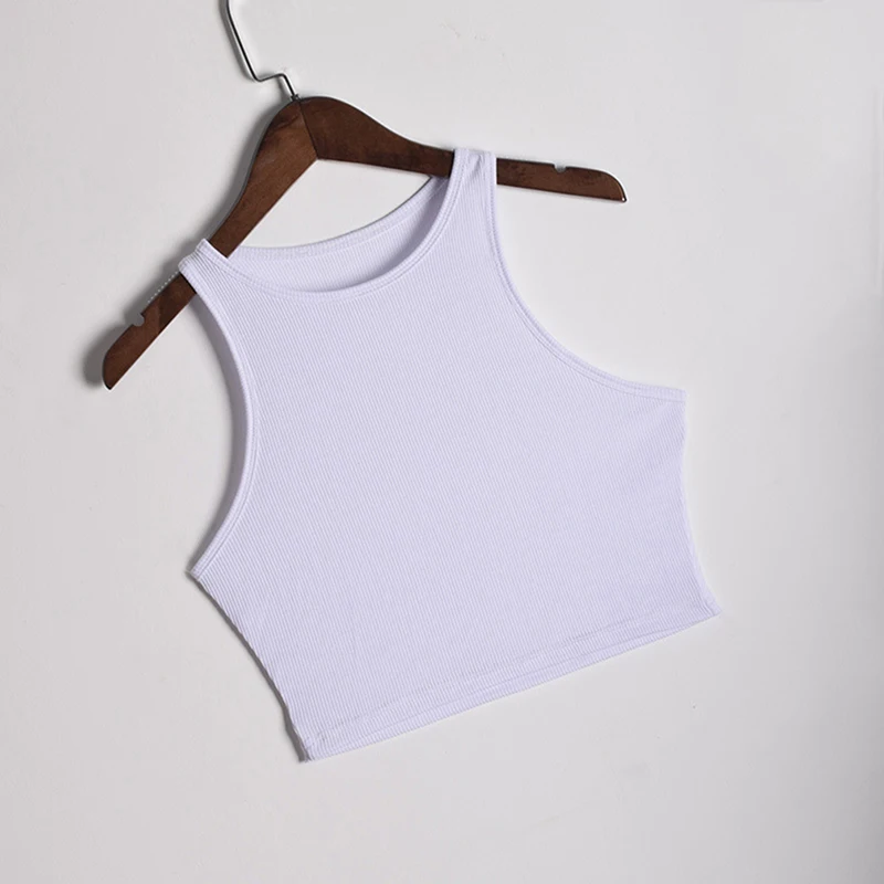 

Women Casual Sleeveless Short Tank Tops Summer Female O-Neck Solid Color Vest Tanks Fashion White Solid Skinny Crop Top